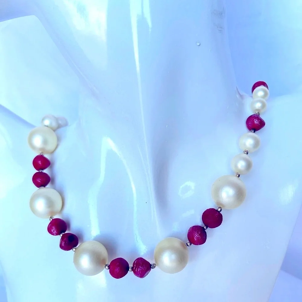 Vintage 1950’s Necklace Faux Pearl & Cranberry Colored Beads